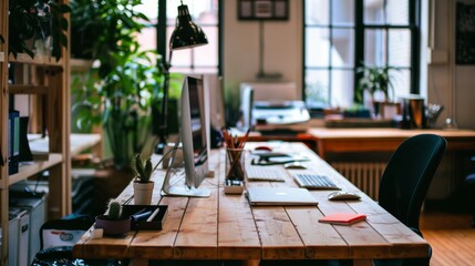 Wall Mural - Well-designed modern office workspace with greenery, featuring organized workstations, computers, and natural light through large windows