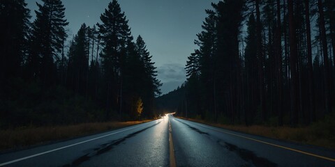 Wall Mural - highway on forest night wide angle panoramic symmetric banner background