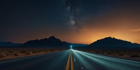 highway on plains at desert night wide angle panoramic symmetric banner background