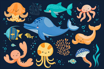 Set of cute marine animals in flat cartoon style. Sea life, ocean design elements for printing, poster, card. Vector illustration