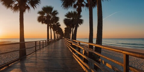 Wall Mural - walkway to beach in sunset wide angle panoramic symmetric banner background