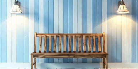 Wall Mural - Wooden Bench with lighted lamp on a striped blue and white wall, vintage style scene of hotel, retro interior, old home background, reception area.
