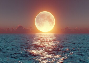 Wall Mural - Stunning Full Moon Reflecting on Ocean Horizon at Sunset Creating Magical and Serene Evening Seascape with Bright Lunar Glow