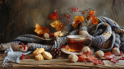 Canvas Print - Autumn themed still life with a knitted scarf a cozy cup of tea cookies and fall leaves on a wooden table