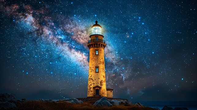 A beautiful lighthouse at night with the milky way visible in the night sky. 