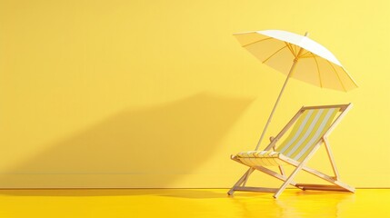 Wall Mural - Beach chair with umbrella on vibrant yellow summer background 3D Rendering, 3D Illustration