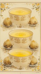 Wall Mural - Elegant arrangement of three ornate bowls of creamy, golden soup with bread, featuring floral decorations in the background