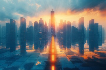 Wall Mural - A captivating image of a futuristic city, showcasing skyscrapers reflected in a wet street at sunset