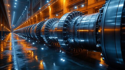 Wall Mural - Turbines inside hydroelectric power plant. Interior of a hydroelectric power plant featuring massive turbines aligned in a row, glowing with blue and orange lights.