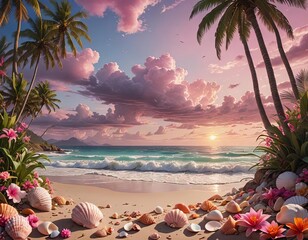 A tropical beach at sunset with pink light and seashells on the clean sand. 