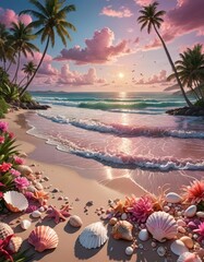 A tropical beach at sunset with pink light and seashells on the clean sand. 