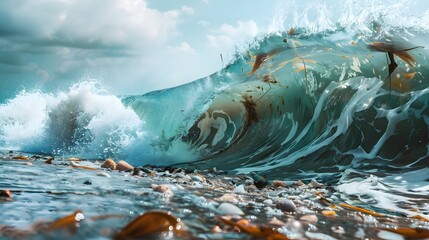 Wall Mural - Turbulent Ocean Wave Carrying Floating Debris Toward Shoreline