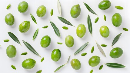 Delicious big green olives in an olive oil with leaves, isolated on white background, view from above