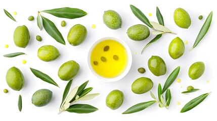 Delicious big green olives in an olive oil with leaves, isolated on white background, view from above