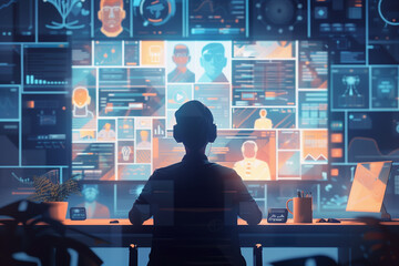 Wall Mural - Man working in control room with computer screens in command center with holographic technology. Futuristic workstation. Modern smart office	
