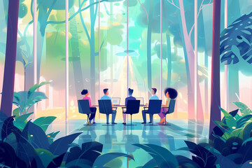 Wall Mural - People working with computer in the forest while enjoying a peaceful garden. Nature at work, well-being, business man. Ecology concept.