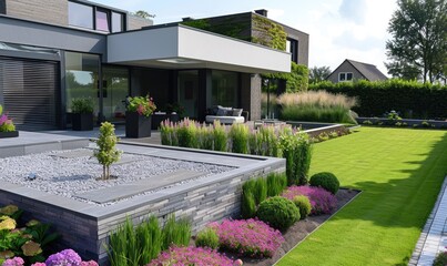 Wall Mural - A garden with a terrace and a lawn, in front of a modern house