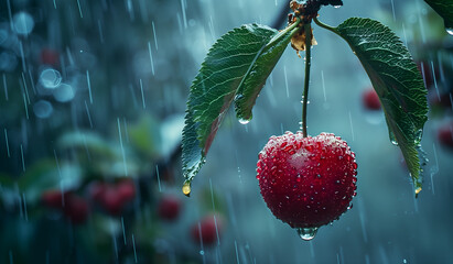 Wall Mural - cherry hanging from the branch, with water droplets on it, on a rainy day