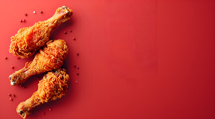 Wall Mural - crispy fried chicken drumsticks on red background, copy space concept for fast food and restaurant