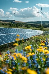 Sustainable Energy Harvesting: Solar Panels and Wind Turbine Farm in Serene Nature Setting