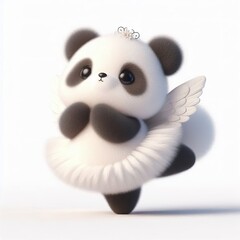 Fluffy 3D image of cute panda ballerina in a swallow pose on a white background