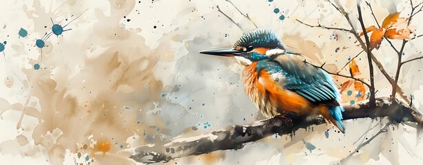 Kingfisher's Tranquil Perch: A vibrant kingfisher finds solace amidst the muted tones of an autumnal watercolor, capturing the serene beauty of nature's artistry. 