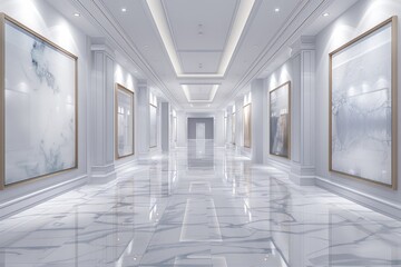 Wall Mural - A grand art gallery with high ceilings and polished marble floors. White, blank canvases of various sizes hang on the pristine white walls, illuminated by warm spotlights.