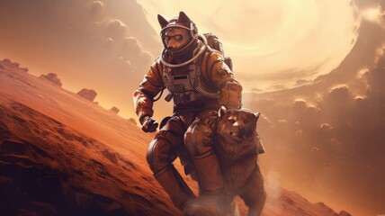 Wall Mural - astronaut with a dog on a desert alien planet. space dog wearing astronaut suit. digital art concept