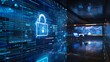 © Sweettymojidesign - In a hightech environment, a network is secured by a digital lock displayed on the screen, emphasizing data protection and cybersecurity