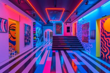 Wall Mural - A vibrant pop art exhibition with colorful murals and neon lights