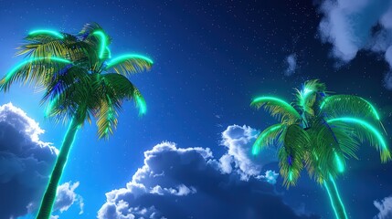 A vibrant summer scene with two palm trees outlined in neon green lights against a midnight blue background, with bright white clouds drifting lazily across the sky.