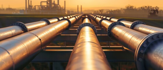 Wall Mural - oil and gas pipeline in the foreground with large pipes, with a factory or plant visible at its end, It has golden hour lighting