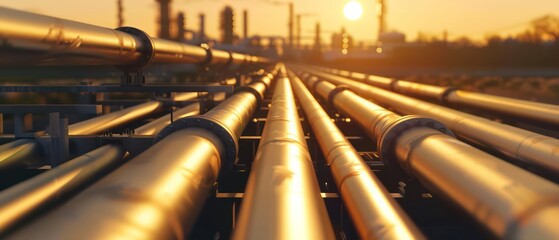 Wall Mural - oil and gas pipeline in the foreground with large pipes, with a factory or plant visible at its end, It has golden hour lighting