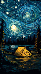 Wall Mural - Hand drawn cartoon beautiful impressionist artistic night outdoor camping tent illustration
