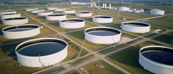 oil storage tanks, large size and scale, energy security landscape, white tanks with black roofs set against an green field background