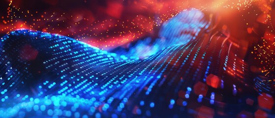 data science or artificial intelligence digital background featuring blue and red binary code waves
