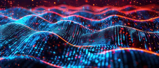 data science or artificial intelligence digital background featuring blue and red binary code waves