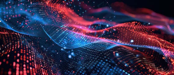 data science or artificial intelligence digital background featuring blue and red binary code waves
