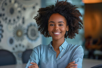 Wall Mural - Afro businesswoman in blue formal shirt, arms crossed in meeting room