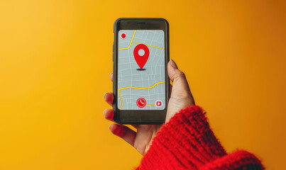 Person's mobile phone with a red map pin pointer, yellow background