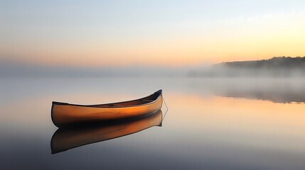A solitary canoe floating on a still, misty lake at dawn.