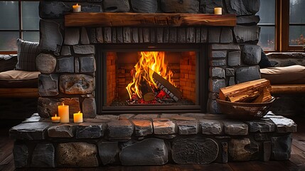 cozy fireplace with crackling flames and comfortable seating cut out on an isolated minimalistic background