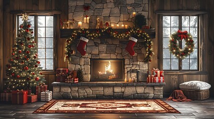 cozy living room decorated for the holidays with a festive christmas tree and glowing fireplace cut 