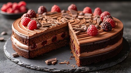 decadent chocolate raspberry cake cut out on an isolated simple minimalist background