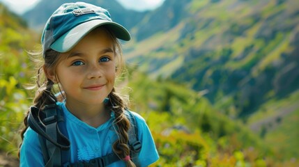 Sticker - A happy little girl with a backpack is standing in a grassland field, smiling with her hair blowing in the wind. She enjoys the natural landscape and leisure of the mountains AIG50