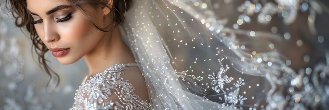 elegance and luxury of a beaded bridal gown, with captivating beadwork that creates beautiful shimmer and a stunning look.