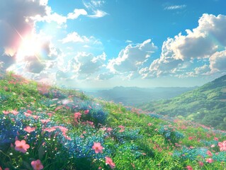 Sticker - A beautiful hillside with pink and blue wildflowers at sunset. 