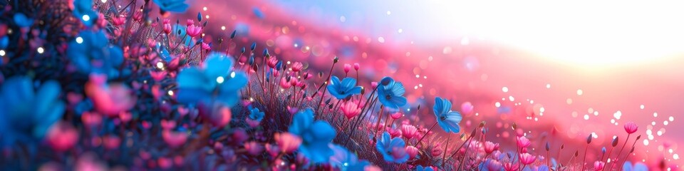 Wall Mural - A beautiful hillside with pink and blue wildflowers at sunset. 
