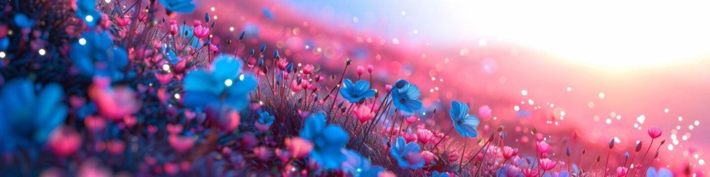 A beautiful hillside with pink and blue wildflowers at sunset. 