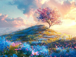 Sticker - A beautiful hillside with pink and blue wildflowers at sunset. 